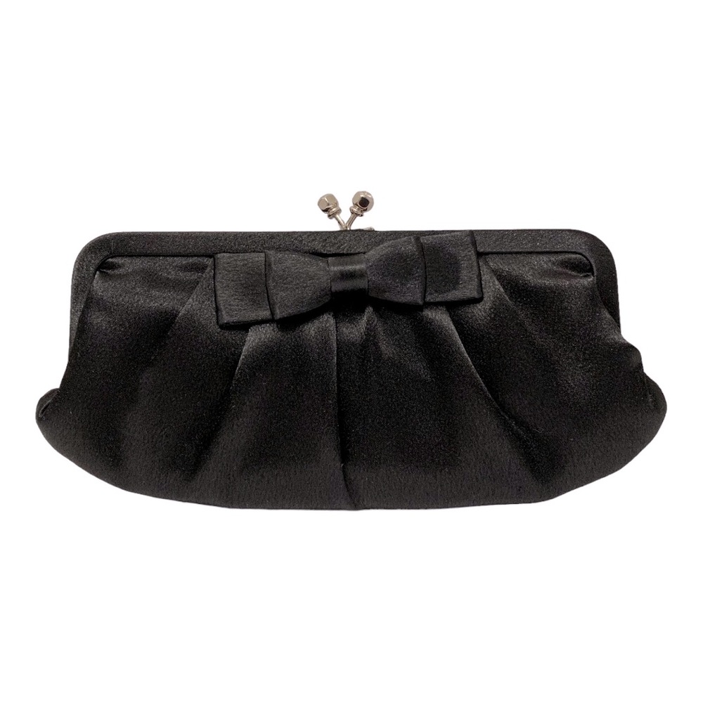 Black Satin Evening Clutch with Bow Detail and Chain Strap